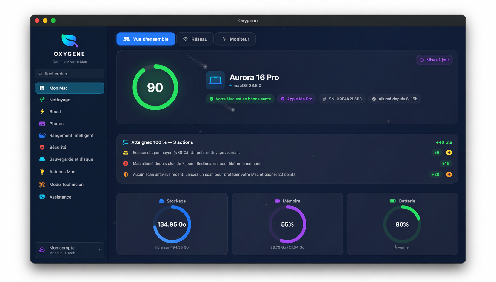 Dashboard principal OXYGENE
